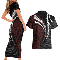 Polynesian Oxblood Line Art Tribal Tattoo Couples Matching Short Sleeve Bodycon Dress and Hawaiian Shirt LT9 - Polynesian Pride