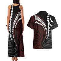 Polynesian Oxblood Line Art Tribal Tattoo Couples Matching Tank Maxi Dress and Hawaiian Shirt LT9 - Polynesian Pride