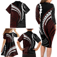 Polynesian Oxblood Line Art Tribal Tattoo Family Matching Long Sleeve Bodycon Dress and Hawaiian Shirt LT9 - Polynesian Pride