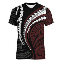 Polynesian Oxblood Line Art Tribal Tattoo Women V-Neck T-Shirt LT9 Female Beige - Polynesian Pride