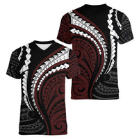 Polynesian Oxblood Line Art Tribal Tattoo Women V-Neck T-Shirt LT9 - Polynesian Pride