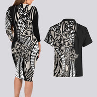 Polynesian Plumeria Floral Tattoo Pattern Couples Matching Long Sleeve Bodycon Dress and Hawaiian Shirt Beige Style LT9 - Polynesian Pride