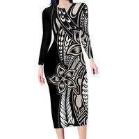 Polynesian Plumeria Floral Tattoo Pattern Family Matching Long Sleeve Bodycon Dress and Hawaiian Shirt Beige Style LT9 Mom's Dress Beige - Polynesian Pride