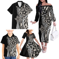 Polynesian Plumeria Floral Tattoo Pattern Family Matching Off The Shoulder Long Sleeve Dress and Hawaiian Shirt Beige Style LT9 - Polynesian Pride