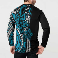 Polynesian Plumeria Floral Tattoo Pattern Button Sweatshirt Bllue Style