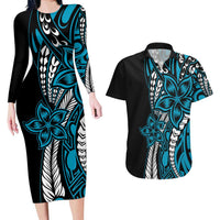 Polynesian Plumeria Floral Tattoo Pattern Couples Matching Long Sleeve Bodycon Dress and Hawaiian Shirt Blue Style LT9 Blue - Polynesian Pride