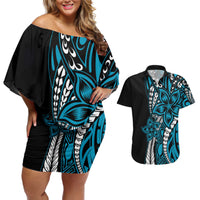 Polynesian Plumeria Floral Tattoo Pattern Couples Matching Off Shoulder Short Dress and Hawaiian Shirt Bllue Style