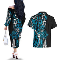 Polynesian Plumeria Floral Tattoo Pattern Couples Matching Off The Shoulder Long Sleeve Dress and Hawaiian Shirt Blue Style LT9 - Polynesian Pride