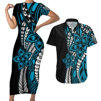 Polynesian Plumeria Floral Tattoo Pattern Couples Matching Short Sleeve Bodycon Dress and Hawaiian Shirt Blue Style LT9 Blue - Polynesian Pride