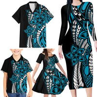 Polynesian Plumeria Floral Tattoo Pattern Family Matching Long Sleeve Bodycon Dress and Hawaiian Shirt Blue Style LT9 - Polynesian Pride