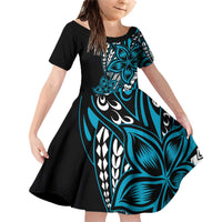 Polynesian Plumeria Floral Tattoo Pattern Family Matching Off Shoulder Short Dress and Hawaiian Shirt Blue Style LT9 Daughter's Dress Blue - Polynesian Pride