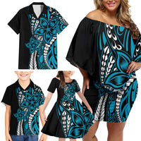 Polynesian Plumeria Floral Tattoo Pattern Family Matching Off Shoulder Short Dress and Hawaiian Shirt Blue Style LT9 - Polynesian Pride