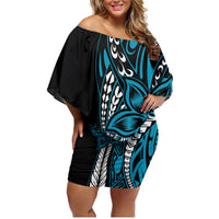 Polynesian Plumeria Floral Tattoo Pattern Family Matching Off Shoulder Short Dress and Hawaiian Shirt Blue Style LT9 Mom's Dress Blue - Polynesian Pride