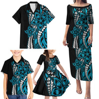 Polynesian Plumeria Floral Tattoo Pattern Family Matching Puletasi and Hawaiian Shirt Blue Style LT9 - Polynesian Pride