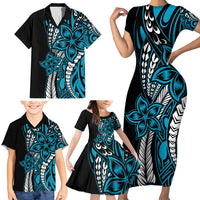 Polynesian Plumeria Floral Tattoo Pattern Family Matching Short Sleeve Bodycon Dress and Hawaiian Shirt Blue Style LT9 - Polynesian Pride