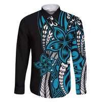 Polynesian Plumeria Floral Tattoo Pattern Family Matching Short Sleeve Bodycon Dress and Hawaiian Shirt Blue Style LT9 Dad's Shirt - Long Sleeve Blue - Polynesian Pride
