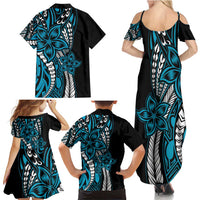 Polynesian Plumeria Floral Tattoo Pattern Family Matching Summer Maxi Dress and Hawaiian Shirt Blue Style LT9 - Polynesian Pride