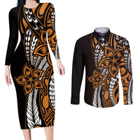 Polynesian Plumeria Floral Tattoo Pattern Couples Matching Long Sleeve Bodycon Dress and Long Sleeve Button Shirt Gold Style LT9 Gold - Polynesian Pride