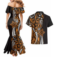 Polynesian Plumeria Floral Tattoo Pattern Couples Matching Mermaid Dress and Hawaiian Shirt Gold Style LT9 - Polynesian Pride