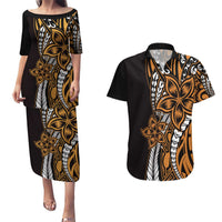 Polynesian Plumeria Floral Tattoo Pattern Couples Matching Puletasi and Hawaiian Shirt Gold Style