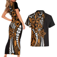 Polynesian Plumeria Floral Tattoo Pattern Couples Matching Short Sleeve Bodycon Dress and Hawaiian Shirt Gold Style LT9 - Polynesian Pride