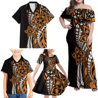 Polynesian Plumeria Floral Tattoo Pattern Family Matching Off Shoulder Maxi Dress and Hawaiian Shirt Gold Style LT9 - Polynesian Pride