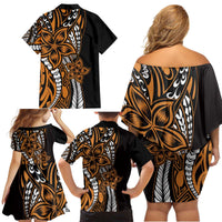 Polynesian Plumeria Floral Tattoo Pattern Family Matching Off Shoulder Short Dress and Hawaiian Shirt Gold Style LT9 - Polynesian Pride