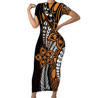Polynesian Plumeria Floral Tattoo Pattern Family Matching Short Sleeve Bodycon Dress and Hawaiian Shirt Gold Style LT9 Mom's Dress Gold - Polynesian Pride