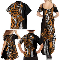 Polynesian Plumeria Floral Tattoo Pattern Family Matching Summer Maxi Dress and Hawaiian Shirt Gold Style LT9 - Polynesian Pride