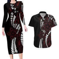 Polynesian Plumeria Floral Tattoo Pattern Couples Matching Long Sleeve Bodycon Dress and Hawaiian Shirt Oxblood Style LT9 Oxblood - Polynesian Pride