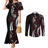 Polynesian Plumeria Floral Tattoo Pattern Couples Matching Mermaid Dress and Long Sleeve Button Shirt Oxblood Style LT9 Oxblood - Polynesian Pride