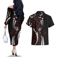 Polynesian Plumeria Floral Tattoo Pattern Couples Matching Off The Shoulder Long Sleeve Dress and Hawaiian Shirt Oxblood Style LT9 - Polynesian Pride
