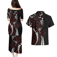 Polynesian Plumeria Floral Tattoo Pattern Couples Matching Puletasi and Hawaiian Shirt Oxblood Style