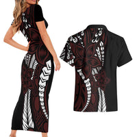 Polynesian Plumeria Floral Tattoo Pattern Couples Matching Short Sleeve Bodycon Dress and Hawaiian Shirt Oxblood Style LT9 - Polynesian Pride
