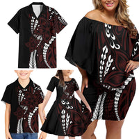 Polynesian Plumeria Floral Tattoo Pattern Family Matching Off Shoulder Short Dress and Hawaiian Shirt Oxblood Style LT9 - Polynesian Pride