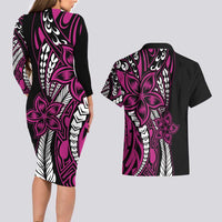 Polynesian Plumeria Floral Tattoo Pattern Couples Matching Long Sleeve Bodycon Dress and Hawaiian Shirt Pink Style LT9 - Polynesian Pride