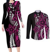 Polynesian Plumeria Floral Tattoo Pattern Couples Matching Long Sleeve Bodycon Dress and Long Sleeve Button Shirt Pink Style LT9 Pink - Polynesian Pride