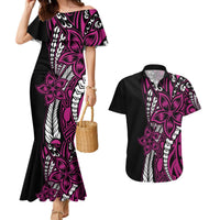 Polynesian Plumeria Floral Tattoo Pattern Couples Matching Mermaid Dress and Hawaiian Shirt Pink Style LT9 Pink - Polynesian Pride