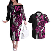 Polynesian Plumeria Floral Tattoo Pattern Couples Matching Off The Shoulder Long Sleeve Dress and Hawaiian Shirt Pink Style LT9 Pink - Polynesian Pride
