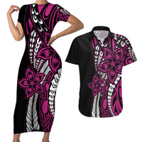 Polynesian Plumeria Floral Tattoo Pattern Couples Matching Short Sleeve Bodycon Dress and Hawaiian Shirt Pink Style LT9 Pink - Polynesian Pride