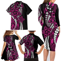 Polynesian Plumeria Floral Tattoo Pattern Family Matching Long Sleeve Bodycon Dress and Hawaiian Shirt Pink Style LT9 - Polynesian Pride