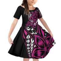 Polynesian Plumeria Floral Tattoo Pattern Family Matching Off Shoulder Short Dress and Hawaiian Shirt Pink Style LT9 Daughter's Dress Pink - Polynesian Pride