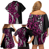 Polynesian Plumeria Floral Tattoo Pattern Family Matching Off Shoulder Short Dress and Hawaiian Shirt Pink Style LT9 - Polynesian Pride