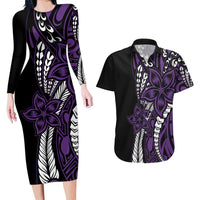 Polynesian Plumeria Floral Tattoo Pattern Couples Matching Long Sleeve Bodycon Dress and Hawaiian Shirt Purple Style LT9 Purple - Polynesian Pride
