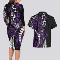 Polynesian Plumeria Floral Tattoo Pattern Couples Matching Long Sleeve Bodycon Dress and Hawaiian Shirt Purple Style LT9 - Polynesian Pride