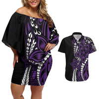 Polynesian Plumeria Floral Tattoo Pattern Couples Matching Off Shoulder Short Dress and Hawaiian Shirt Purple Style LT9 Purple - Polynesian Pride