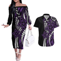 Polynesian Plumeria Floral Tattoo Pattern Couples Matching Off The Shoulder Long Sleeve Dress and Hawaiian Shirt Purple Style LT9 Purple - Polynesian Pride