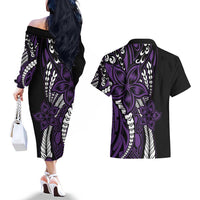 Polynesian Plumeria Floral Tattoo Pattern Couples Matching Off The Shoulder Long Sleeve Dress and Hawaiian Shirt Purple Style LT9 - Polynesian Pride