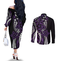 Polynesian Plumeria Floral Tattoo Pattern Couples Matching Off The Shoulder Long Sleeve Dress and Long Sleeve Button Shirt Purple Style LT9 - Polynesian Pride
