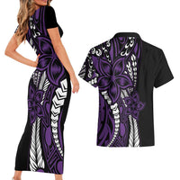 Polynesian Plumeria Floral Tattoo Pattern Couples Matching Short Sleeve Bodycon Dress and Hawaiian Shirt Purple Style LT9 - Polynesian Pride